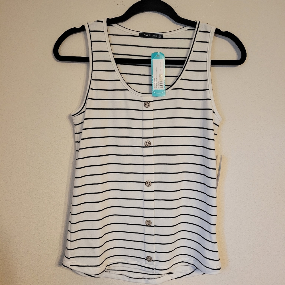 Pink Clover Small Evalynn Sleeveless Knit Tank Top Black White Stripe Button NWT